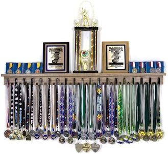 4ft- Medal Awards Rack Premier Medal Hanger Display Rack and Trophy Shelf for Gymnastics, Soccer, Basketball, Football, and More. The Largest Medal and Award Display- 48” - Stained Walnut