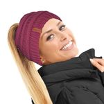 TOSKATOK® Ladies Womens Plain Ponytail Messy Bun Ribbed Winter Beanie Hat Cap Hair Hairband-Morello