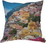 AOYEGO Italy Amalfi Coast City Throw Pillow Cover Seascape House Mountain Ocean Beach Folk Boat Sunny Trees Scenery Pillow Case 18x18 Inch Decorative Men Women Room Cushion Cover for Home