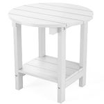 MXIMU Round Outdoor Side Table Adirondack 18 Inch Plastic Patio Side Table Outdoor End Table for Patio Balcony Backyard Lawn Pool, with 2-Tier Storage Shelves (White, 1 Pack)