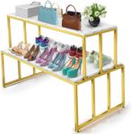 CIVANA Metal Shoe Handbag Display Stand, 2 Tier Heavy Duty Display Table, Modern Standing Display Riser Shelf for Retail Stores, Iron and Wood, Gold