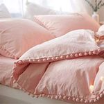 TanNicoor Pom Fringe Duvet Cover Set - 3 Piece Natural Ultra SOFE Color Washed Cotton Bedding Set, Modern Style Down Comforter Quilt Cover with Zipper Closure(Queen,Peach Pink)