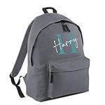 Print Maniacs Personalised Any Name Large 18L Kids Travel Backpack Junior Shoulder Collage Rucksack School Lunch Swimming P.E Laptop Book Bag (Grey, Pink/White Text)