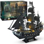 CubicFun 3D Puzzles Pirate Ship and Sailboat Vessel Black Pearl Highly Difficult Model Ship Kit Queen Anne's Revenge (Large with LED Lights) Building 3-d Puzzles Gifts for Adults and Kids, 340 Pieces