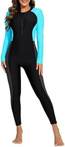 ALLTOKE Womens Full Body Zip Front Rash Guard Long Sleeve One Piece Bathing Suit with Built in Bra UPF50+ Surf Swimsuit, Light Blue+black+gray, X-Large