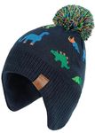 Malaxlx Kids Colorful Dinosaur Pom Pom Beanie Hat Winter Warm Child Knitted Earflap Hat Fleece Lined Ski Skull Cap for 4-8 Years Boys Girls