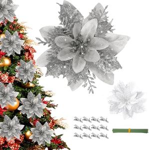 12PCS Flores Artificiales de Navidad, Poinsettia de Brillo Navideño con Clips&Tallos, Flores de Brillo Navideño, Flores Arbol Navidad para Vacaciones, Boda, Año Nuevo, árbol de Navidad-Plateado