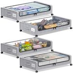 YAASHEEN Under Bed Storage with Wheels, 4-Pack Under Bed Storage Containers with Clear Lids & Label, XXL 60L Rolling Metal Drawer for Clothes, Shoes, Toys, Books - Gray