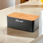 The Better Home Bread Box for Storage with Bamboo Cutting Board Lid Food Container | Bread Storage Box with Lid Food Grade | Kitchen Accessories Bread Bin for Dinning Table Cookies Storage (Black)