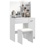 HOMCOM Vanity Desk with Mirror, Makeup Vanity Table, Vanity Set with Cushioned Stool, Storage Drawer, Cabinet and Adjustable Shelf for Bedroom, White