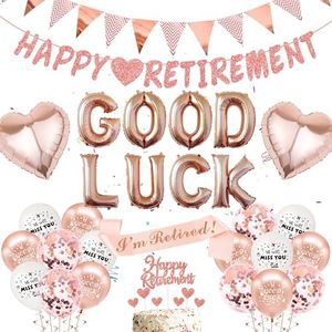 Rose Gold Good Luck Retirement - 61 Pieces Retirement Party Decorations, Happy Retirement Banner, Sash, Love Foil Balloons, Glitter Cake Toppers, For Women Job Change Graduation Leaving Farewell Party