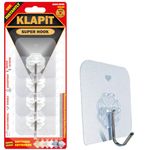 KLAPiT Super Hook Heavy Duty Adhesive Holds 5KG Waterproof Steel Hooks Instant Use for Bedroom, Bathroom, Kitchen No Residue, Hang on Wall, Door, Ceiling for Tiles, Stone, Glass, Wood, Metal Clear 4pc