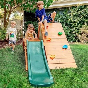 Avenlur Palm Outdoor and Indoor Playground 5 in 1 Backyard Playset with Ladder, Rock Wall, 4 ft. Slide, Tent Fort, Montessori Style Play Set Climber Playhouse Toddlers, Children, Kids 2-8yr (Green)