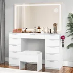 YITAHOME Vanity Desk with Large LED Mirror, Charging Station, 11 Drawers, Makeup Vanity with Tempered Glass Top, Storage Bench, 3-Color Adjustable Lighting