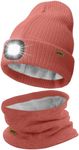 ATNKE LED Lighted Beanie Hat and Scarf Suit,USB Rechargeable 4 LED Running Headlamp Bright Cap with Light Winter Warm Lined Fleece Neck Gaiters and Knit Beany Gifts for Men and Women/Bean Paste Powder