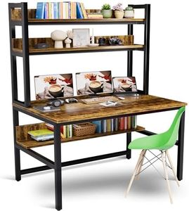 Aquzee Computer Desk with Hutch and Bookshelf, 140cm Wide Home Office Desk with 3 Tier Storage Shelves, for Study Writing Work, Easy Assemble, Brown