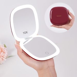 Mocado Compact LED Travel Makeup Mirror - 4 Inches 1X/10X Magnification Travel Mirror with Light Dimmable Double Sides Lighted USB Rechargeable Compact Mirror for Purse,Pocket,Travel(Wine Red)