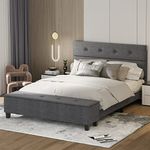 Giantex Queen Bed Frame with Ottoman Storage, Linen Upholstered Platform Bed Frame with Button Tufted Headboard & 4 Middle Support Legs, Solid Wood Slat Support, No Box Spring Needed, Grey