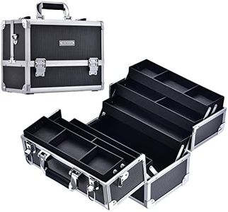 Frenessa Makeup Train Case Large Cosmetic Box 6 Tier Trays with Compartments Professional Makeup Box Jewelry Storage Organizer Case Adjustable Bottom with Shoulder Strap - Black