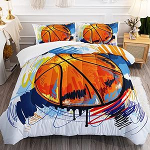 BSNTHO Basketball Comforter Set Boys Sports Bedding Set Queen Size for Kids Teens Hand Drawn Graffiti Style Comforter Design 3 Piece with 1 Comforter 2 Pillowcases
