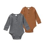 Newborn Infant Baby Boy Clothes Long Sleeve Rompers Jumpsuit Unisex Button Knit Solid Ribbed Clothing - 2 pack 0-3 Months (Grey+Khaki Yellow)