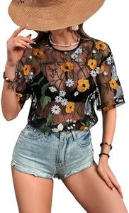 MakeMeChic Women's Summer Short Sleeve Tops See Through Mesh Sheer Sexy T Shirt Blouse Black All Over Print Large