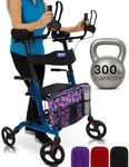 Vive Mobility Upright Walker with Seat, for Seniors, Women - Stand Up Rollator, Arm Rests, Heavy Duty, Folding Medical Aid Scooter for Elderly, Seniors - Walking Foldable Assist (Blue, Floral Bag)