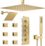 NPYSVSSS Thermostatic Shower System Dual Shower Heads with 16" Ceiling Mounted Rain Shower Head & 6" Wall Mounted Head 4 Function Shower System with body jets Can All Run Together, Brushed Gold