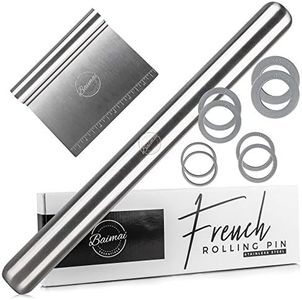 French Rolling Pin with Thickness Rings - 16" Adjustable Rolling Pin for Even Pastry or Cookie Dough - Stainless Steel Rolling Pin with Complimentary Bench Scraper Included for Baking Set