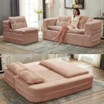 Tabaray 80'' Futon Sofa Bed, King Size Foldable Sleeper Sofa, Corduroy Boneless Loveseat Couch with Chaise Lounge, 3 Pillows, Blanket, Upholstered Sectional Couches for Living Room, Bedroom, Pink