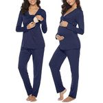 Irdcomps Women's Maternity Pyjamas Set Cotton Breastfeeding Nursing Nightwear PJ Set Long Sleeve Sleepwear Pregnancy for Hospital Home Navy Blue M