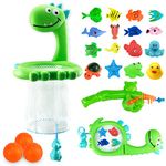 Hymaz 21Pcs Baby Bath Toys, Dinosaur Bathtub Toy for Age 1 2 3 Years Old Toddlers Boys Girls, 1 Dino Fishing Net &1 Fishing Rod & 3 Soft Ball & 15 Sea Animal Rubber Toys Children Fish Catching Game