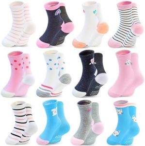 HYCLES Toddler Girl Socks, Non-Slip Cartoon Crew Socks with Grips for Girls Kids 3-5T