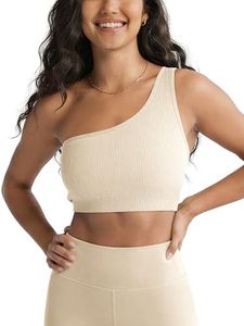 ODODOS Seamless One Shoulder Sports Bra for Women Ribbed Asymmetrical Non Padded Yoga Crop Tank Tops, Lycra Ivory, X-Small