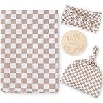 LifeTree Newborn Swaddle Set with Matching Hat and Headband Bow, Wooden Birth Announcement Card, Muslin Baby Swaddle Blankets for Boys & Girls, Coffee Checkerboard Pattern