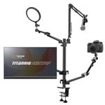 TARION Desk Mount Stand for Streaming: 4-in-1 Heavy-Duty Desktop Stand Arm Tree Mount Holder with 1 Mic Boom + 3 Articulating Arms for Camera Ring Light Monitor Laptop Live Stream Equipment TitanRig