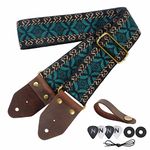 Nefelibata Guitar Strap,Jacquard Embroidery Cotton Guitar Straps with Crazy Horse Leather Ends for Bass, Electric & Acoustic, Best Gifts for Kids, Guitarists(Embroidery Green)