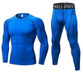 LANBAOSI Mens Long Sleeve Base Layer Compression Top and Tights Set Wicking Long Johns Blue