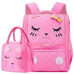 Cute Cat Face Pink Backpacks with Lunch Bag for Teen Girls, Kids Backpack for Toddler Preschool Bookbags Elementary School Bags - Pink