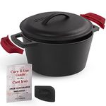 Cuisinel Cast Iron Dutch Oven - 3-Quart Deep Pot + Lid + Pan Scraper + Handle Covers - Large Pre-Seasoned Cooker for Baking Bread, Soup, Frying - Indoor/Outdoor Kitchen, Camping, Stove, Fire, BBQ Safe Cookware