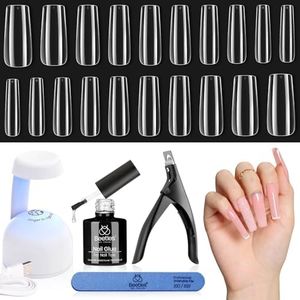 Beetles Gel Nail Kit Easy Extension Set, 240 PCS Long Square Gel Nail Tips Full Cover With 5 In 1 Nail Glue Base Gel and Innovative Uv Led Lamp Easy DIY Gift for Women