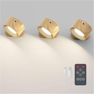 Deyagoo 3PACK Romote LED Wall Sconce - Rechargeable Wall Light, 3 Colors & 3 Brightness Levels, 360° Magnetic Rotating Head, Bedside Reading Lamp, Easy Install Battery Operated Lamp Wood