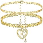 YANODA Initial Ankle Bracelets for Women, 14K Gold Plated Cuban Link Anklets Flat Mariner Link Anklets Handmade Layered Heart Ankle Bracelets Personalized Gifts for Women, Brass, no gemstone