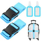 2PCS Luggage Straps and 2pcs Luggage Tags Adjustable Travel Luggage Belts Packaging Bag Buckle Belt Multi-colours Straps choices for suitcase, bag, boxes (Blue)