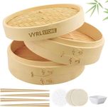 VYRL Bamboo Steamer – 2 Tier Bamboo Dumpling Steamer, 4 Pairs Chopsticks, 1 Sauce Dish, 2 Cotton and 30 Paper Liners – Ideal for Rice, DimSum, Veggies, Fish, Meat and Chinese Asian Cuisine.