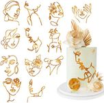 12 Pcs Acrylic Lady Face Cake Topper Minimalist Art Happy Birthday Cake Toppers Women Wedding Cake Decoration for Wedding Birthday Party (gold)