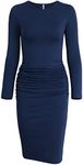 Missufe Women's Long Sleeve Ruched Casual Sundress Bodycon Sheath Knee Length Dress, Dark Blue, Medium