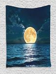 Ambesonne Ocean Tapestry, Super Moon Over Ocean Surface Midnight View Dreamy Mystic Picture Print, Wall Hanging for Bedroom Living Room Dorm Decor, 40" X 60", Yellow Indigo