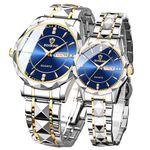 yunanwa Valentines Couple Pair Watches Men and Women Luminous Calendar Waterproof Gold Silver Stainless Steel Quartz Watch Blue Face his and Hers Watches Set Lovers Set of 2, Blue, Modern