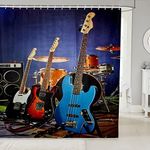 Feelyou Music Themed Guitar Fabric Shower Curtain Rock Music Drum Kit Decor Bath Curtain Musical Instruments Print Bathroom Shower Curtain Set with 12 Hooks Waterproof Polyester 72" Wx78 L